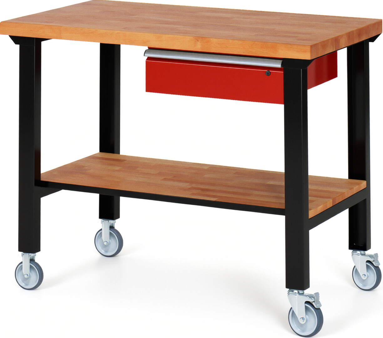 Fahrbare Werkbank Modell 7001 schwarz-rot, BxTxH 1250x700x1000 mm,  Buche-Massiv Arbeitsplatte 40 mm,  1 Schublade mit  Auszug 90 %
