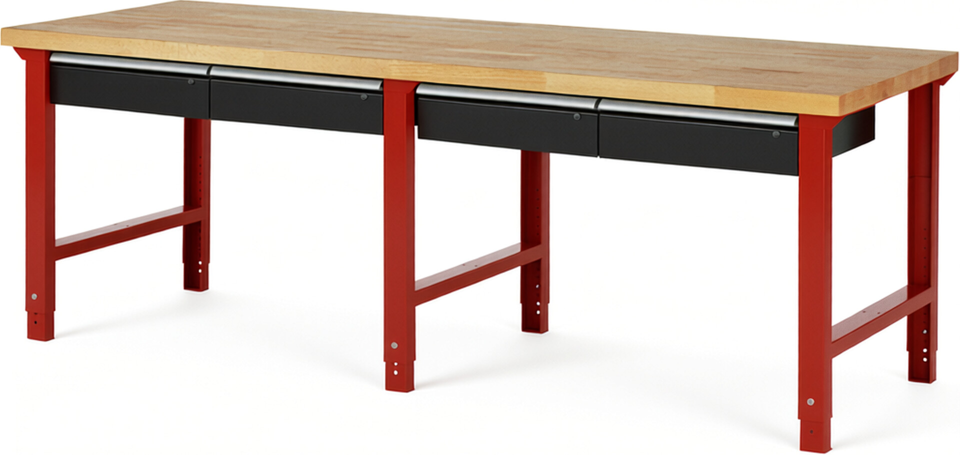 RAU Werkbank rot - schwarz - Breite 250 cm - Tiefe 90 cm - Höhe 114 cm - Buche-Massiv Arbeitsplatte 40 mm