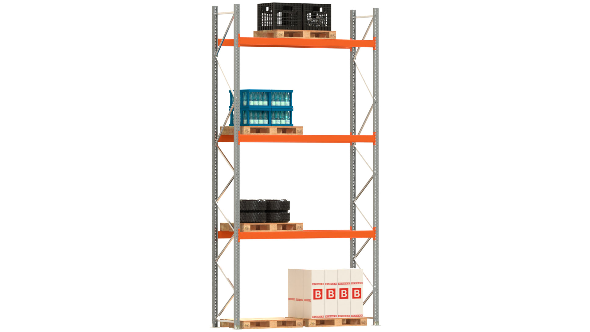Palettenregal ARTUS - Breite 287 cm - Höhe 550 cm - Tiefe 80 cm - 3 Träger-Ebenen - Fachlast 2770 kg - 8 Palettenstellplätze