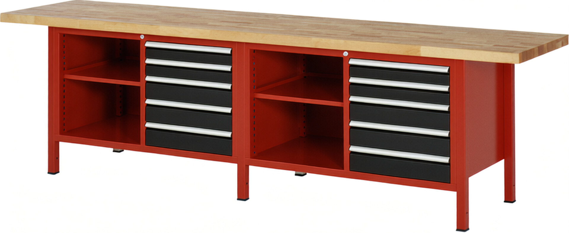 Werkbank Modell 8464 rot - schwarz, BxTxH 3000x700x840 mm,  Buche-Massiv Arbeitsplatte 40 mm,  10 Schubladen mit  Auszug 90 %