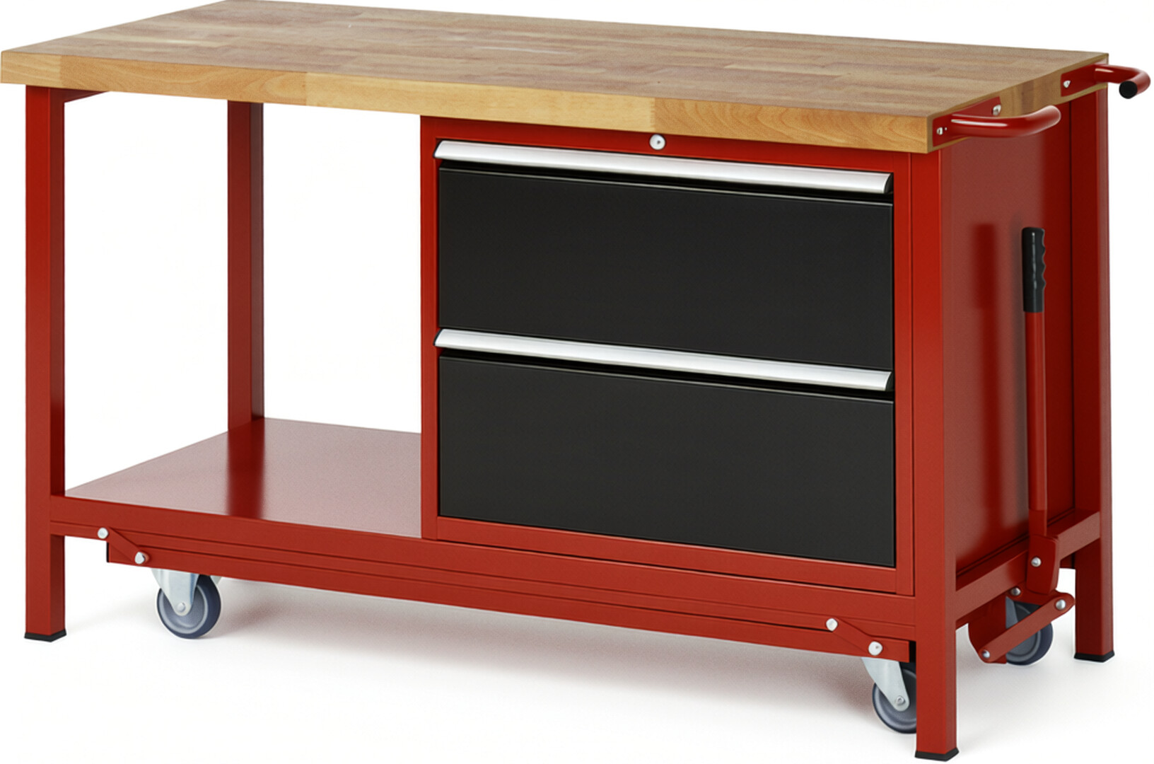 Absenkbare Werkbank Modell 8255 rot - schwarz, BxTxH 1500x700x880 mm,  Buche-Massiv Arbeitsplatte 40 mm,  2 Schubladen mit  Auszug 90 %