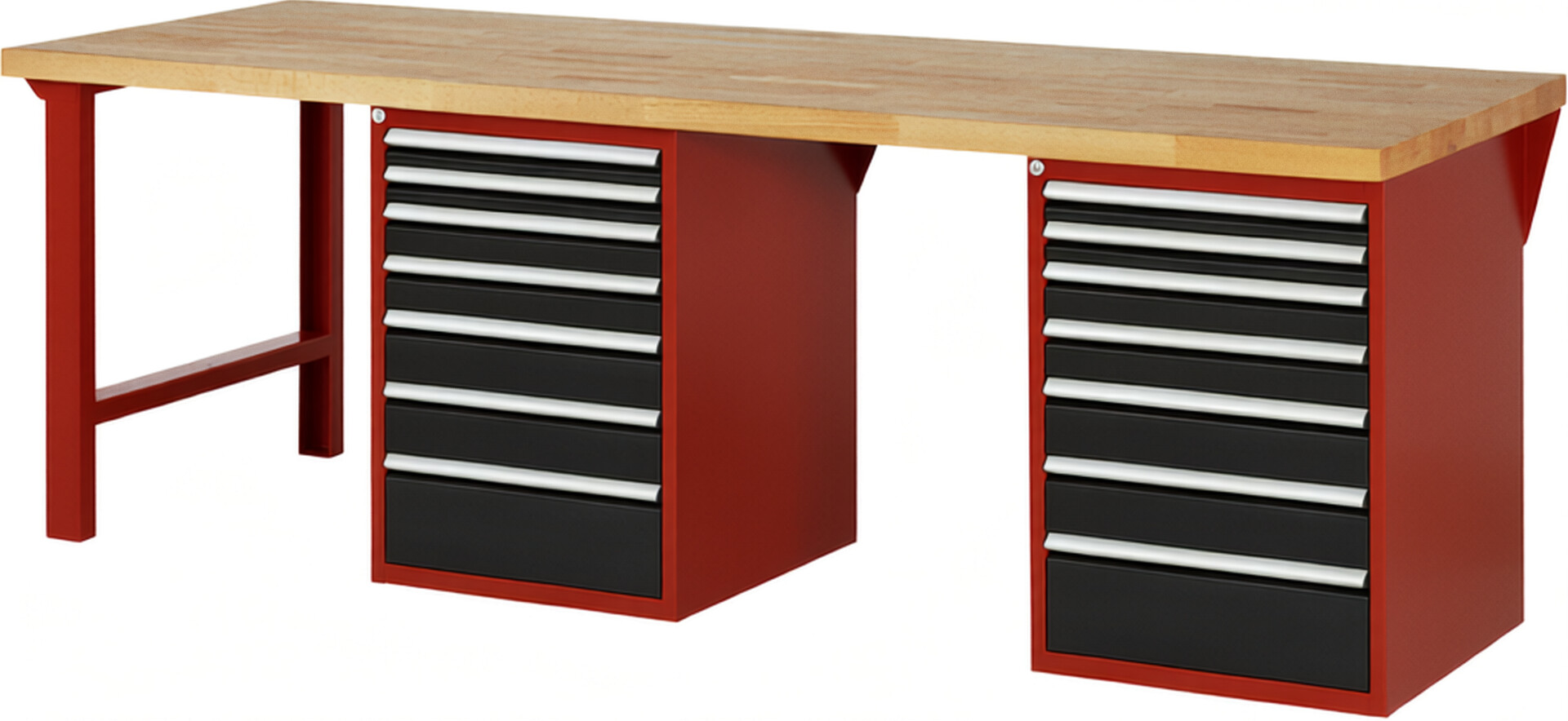 Werkbank Modell 7517 rot - schwarz, BxTxH 2500x900x890 mm,  Buche-Massiv Arbeitsplatte 40 mm,  14 Schubladen mit  Auszug 90 %