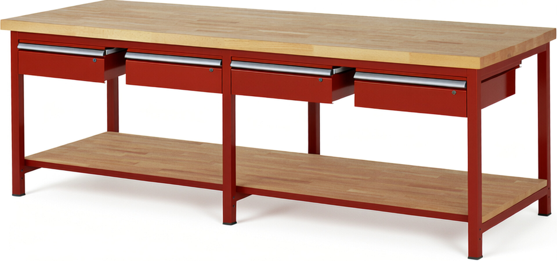 Werkbank Modell 8002 rot, BxTxH 2500x900x840-1040 mm,  Buche-Massiv Arbeitsplatte 40 mm,  4 Schubladen mit  Auszug 90 %