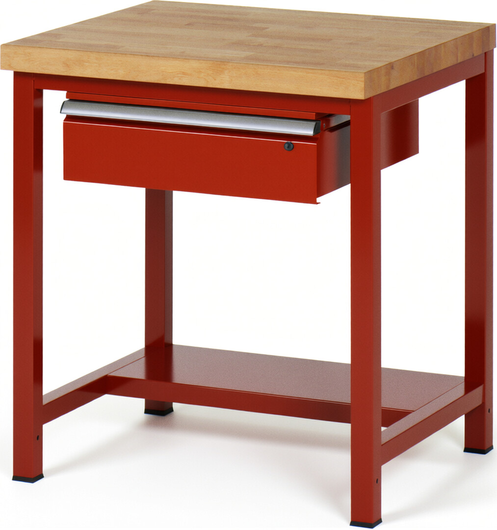 Werkbank Modell 8001 rot, BxTxH 750x700x840-1040 mm,  Buche-Massiv Arbeitsplatte 40 mm,  1 Schublade mit  Auszug 90 %