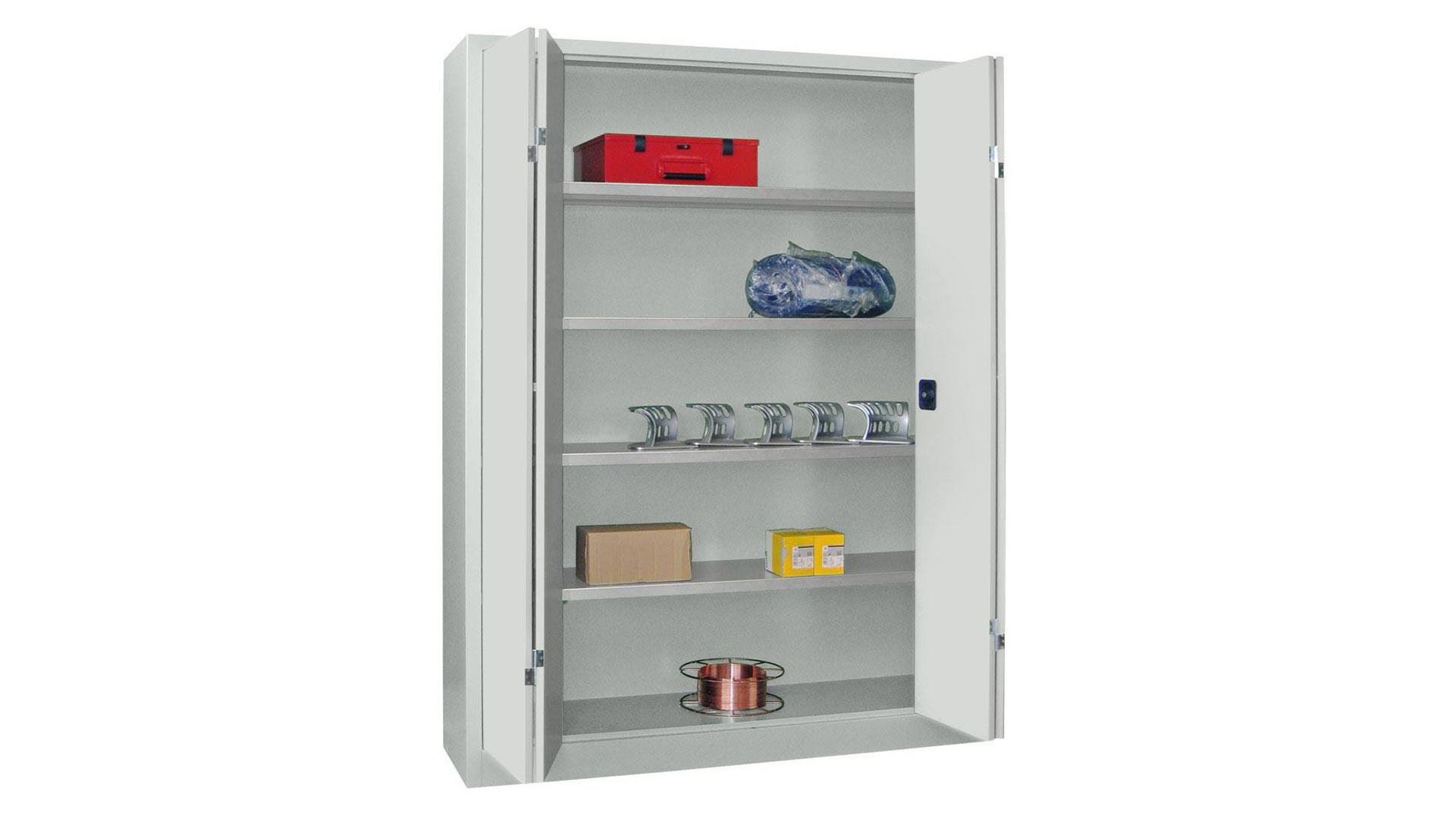 Falttürenschrank - 1.950x1.500x400 mm (HxBxT) - 4 Einlegeböden, verzinkt - Zylinderschloss - lichtgrau