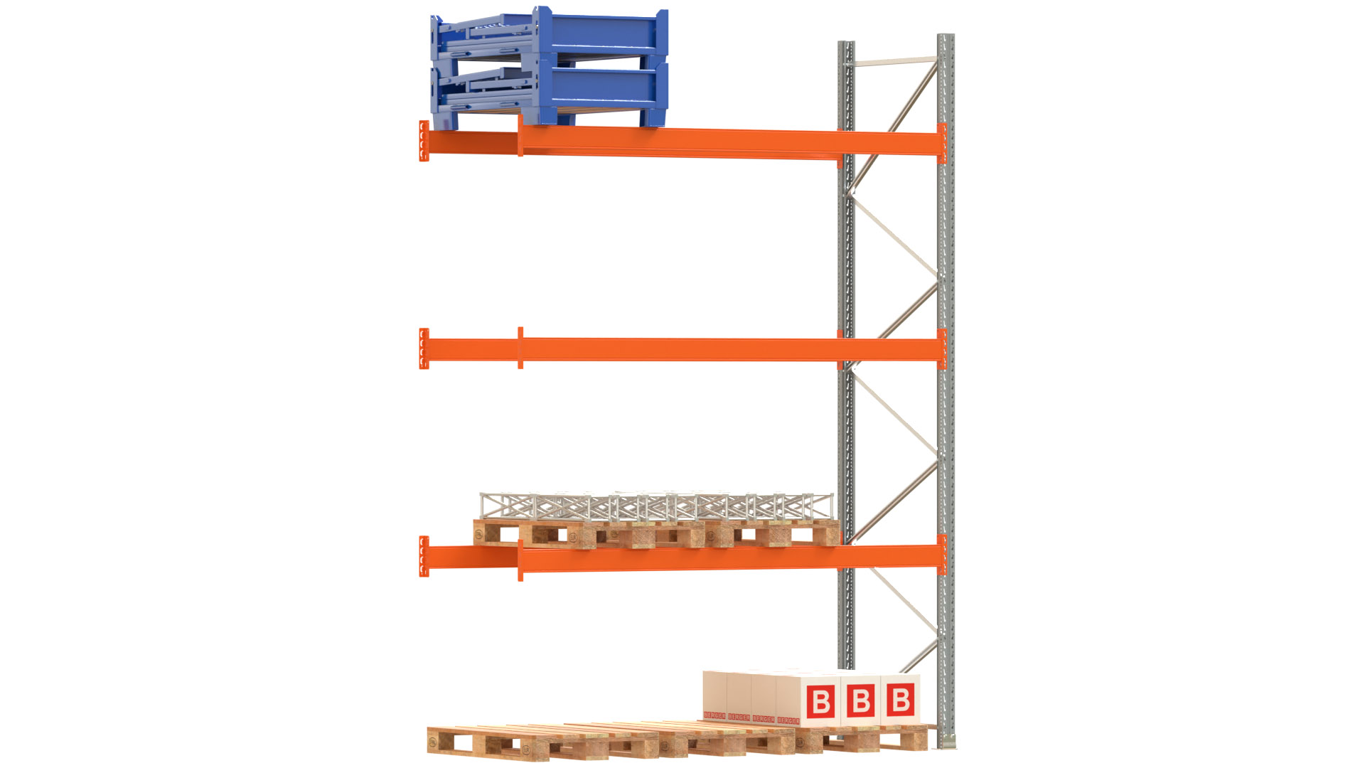 Palettenregal ARTUS - Anbaufeld - Breite 278,5 cm - Höhe 400 cm - Tiefe 110 cm - 3 Träger Ebenen