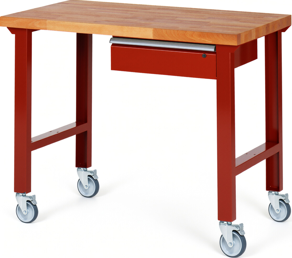 Fahrbare Werkbank Modell 7001 rot, BxTxH 1250x700x1000 mm,  Buche-Massiv Arbeitsplatte 40 mm,  1 Schublade mit  Auszug 90 %