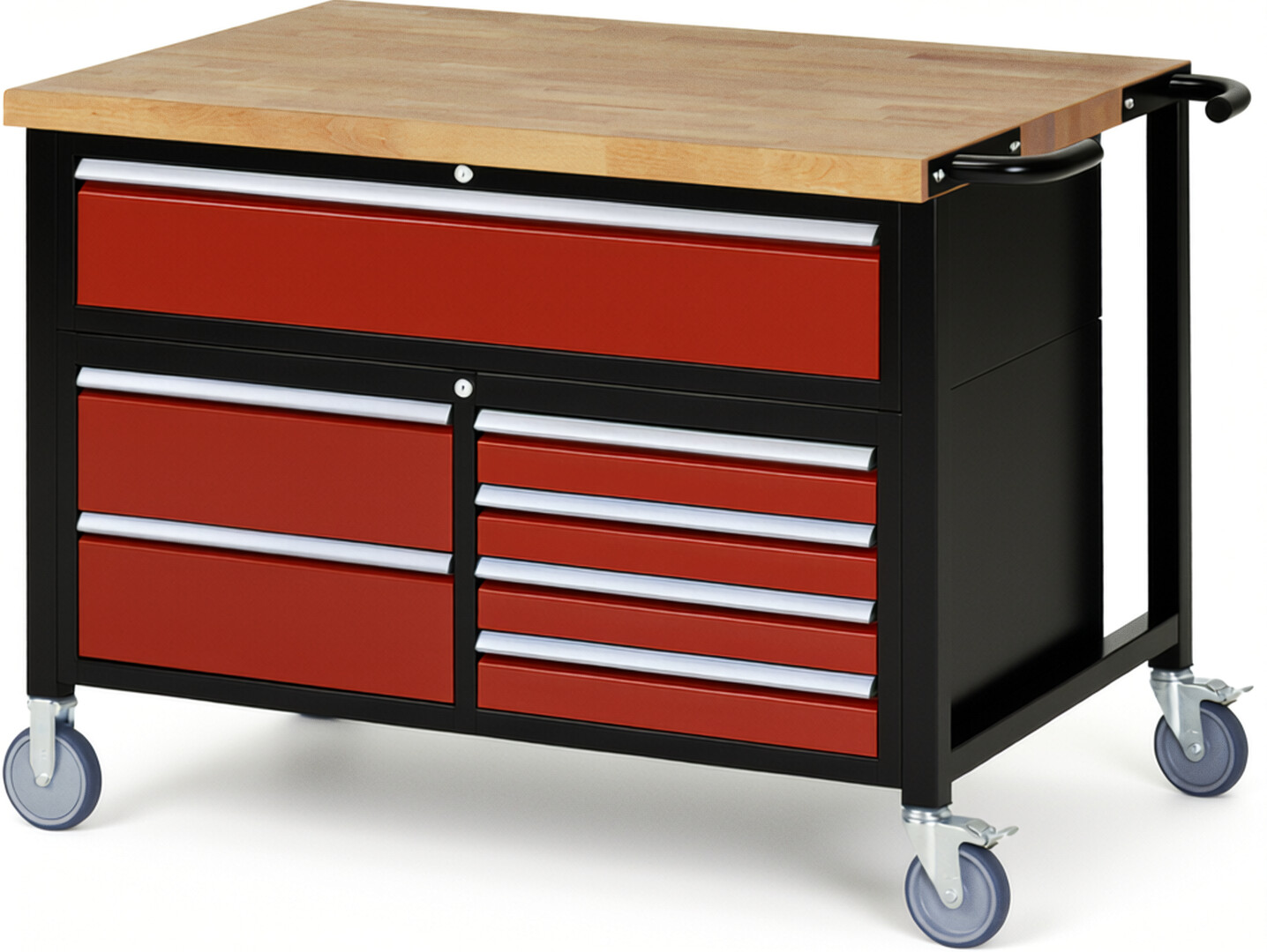 Fahrbare Werkbank Modell 8921 schwarz-rot, BxTxH 1250x900x920-1120 mm,  Buche-Massiv Arbeitsplatte 40 mm,  7 Schubladen mit  Auszug 90 %
