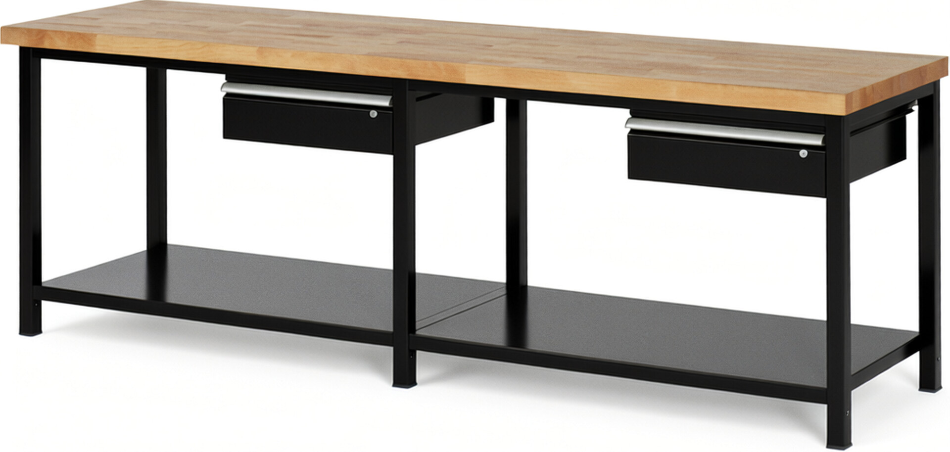 Werkbank Modell 8001 schwarz, BxTxH 2500x700x840-1040 mm,  Buche-Massiv Arbeitsplatte 40 mm,  2 Schubladen mit  Auszug 90 %