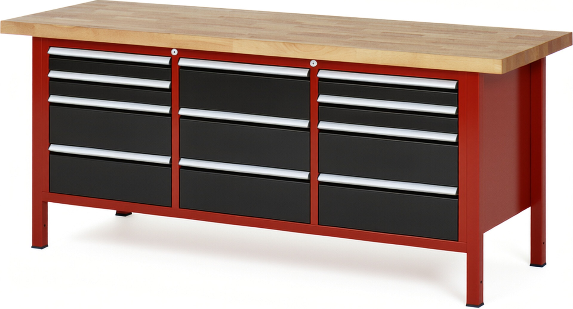 Werkbank Modell 8577 rot - schwarz, BxTxH 2000x700x840-1040 mm,  Buche-Massiv Arbeitsplatte 40 mm,  11 Schubladen mit  Vollauszug 100 % und  SoftClosing