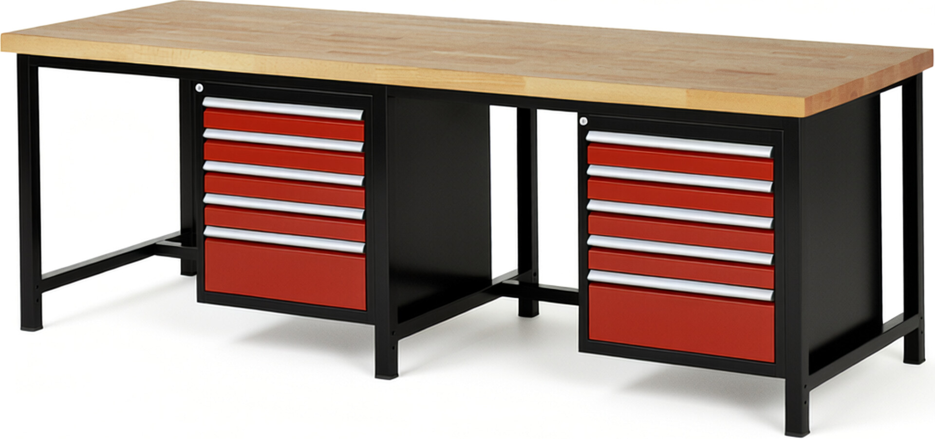 RAU Werkbank schwarz - rot - Breite 250 cm - Tiefe 90 cm - Höhe 104 cm - Buche-Massiv Arbeitsplatte 40 mm