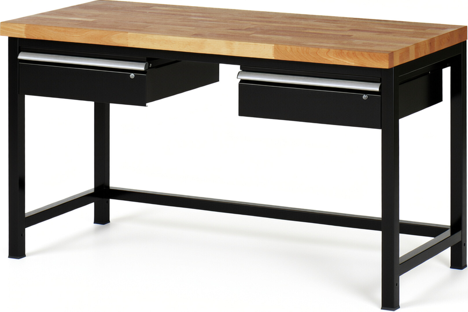 Werkbank Modell 8002 schwarz, BxTxH 1500x700x840-1040 mm,  Buche-Massiv Arbeitsplatte 40 mm,  2 Schubladen mit  Auszug 90 %