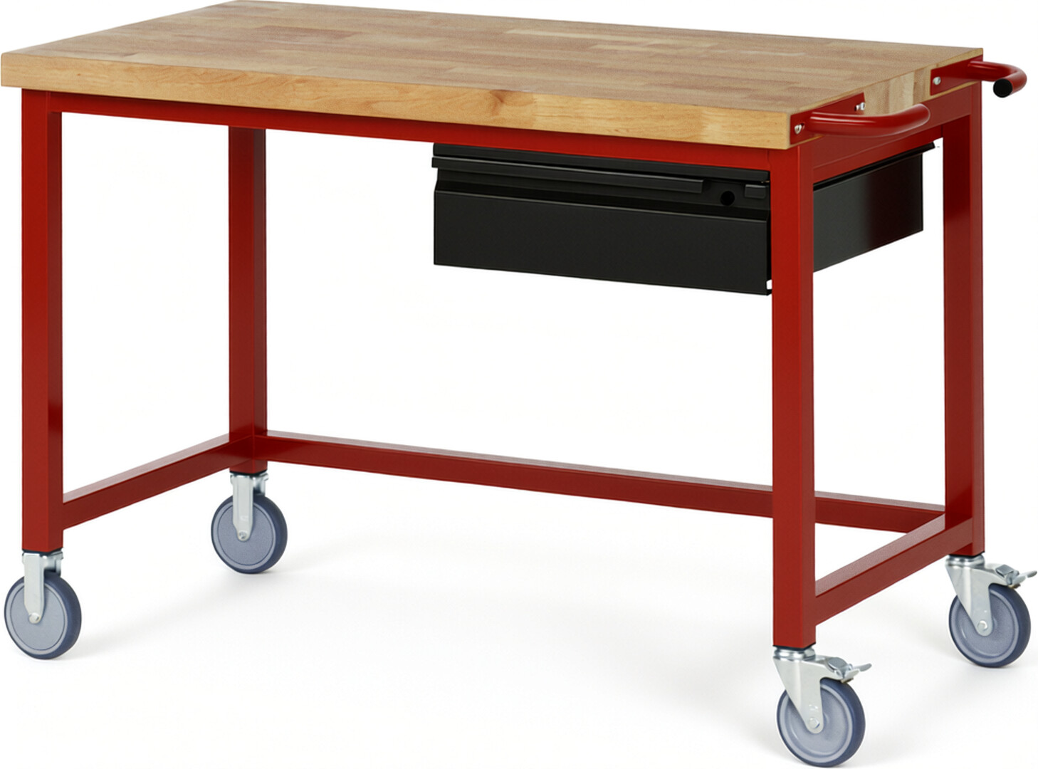 Fahrbare Werkbank - Modell 8001 BASIC rot - schwarz, BxTxH 1250x700x880 mm,  Buche-Massiv Arbeitsplatte 40 mm,  1 Schublade mit  Auszug 90 %