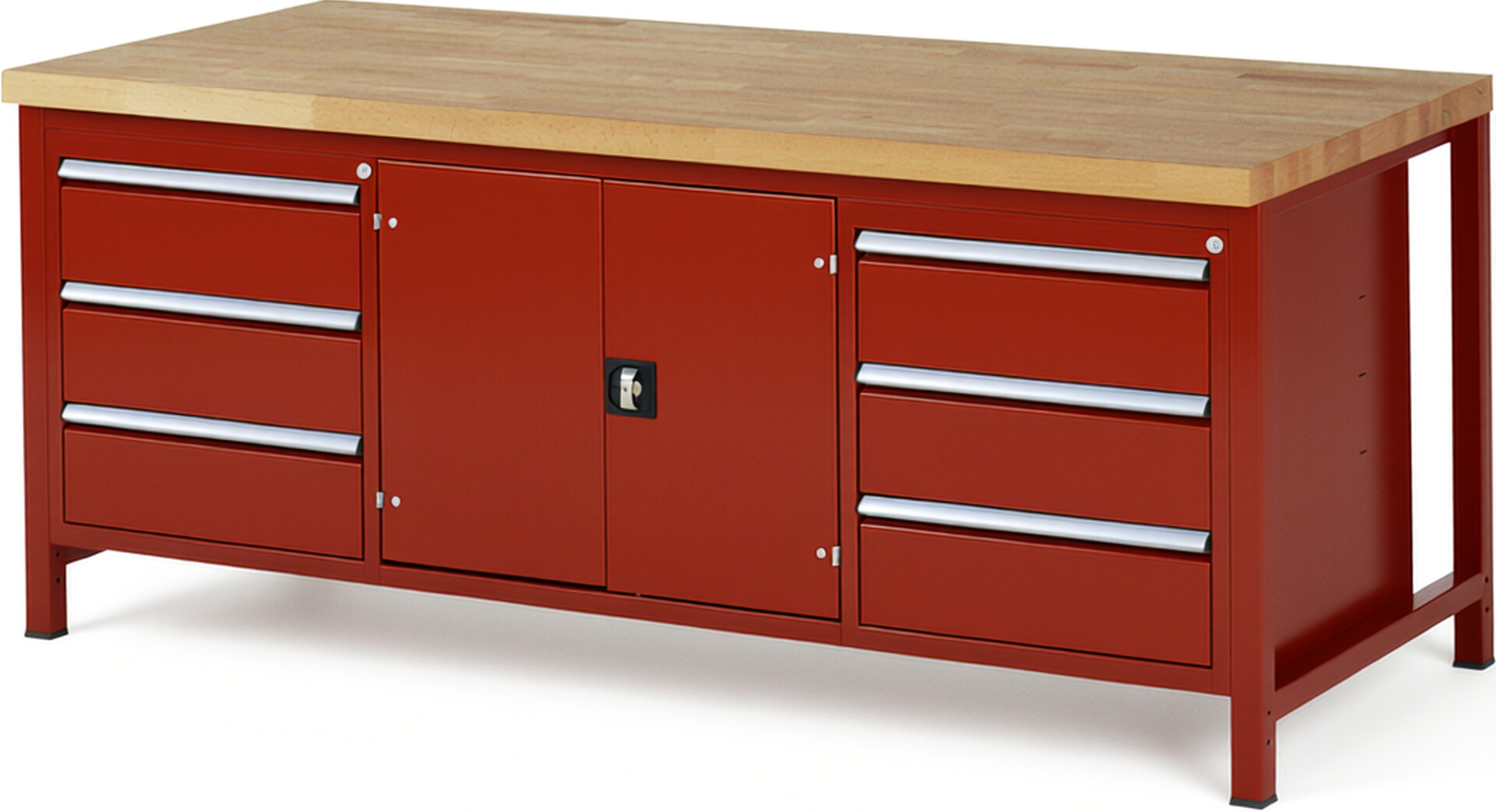 Werkbank Modell 8907 rot, BxTxH 2000x900x840-1040 mm,  Buche-Massiv Arbeitsplatte 40 mm,  6 Schubladen mit  Vollauszug 100 % und  SoftClosing