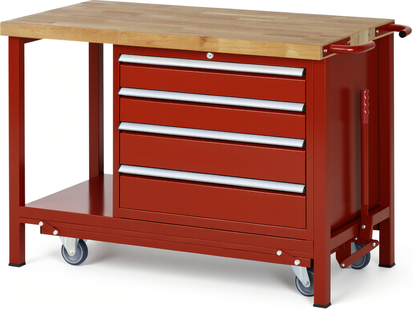 Absenkbare Werkbank Modell 8262 rot, BxTxH 1250x700x880 mm,  Buche-Massiv Arbeitsplatte 40 mm,  4 Schubladen mit  Auszug 90 %