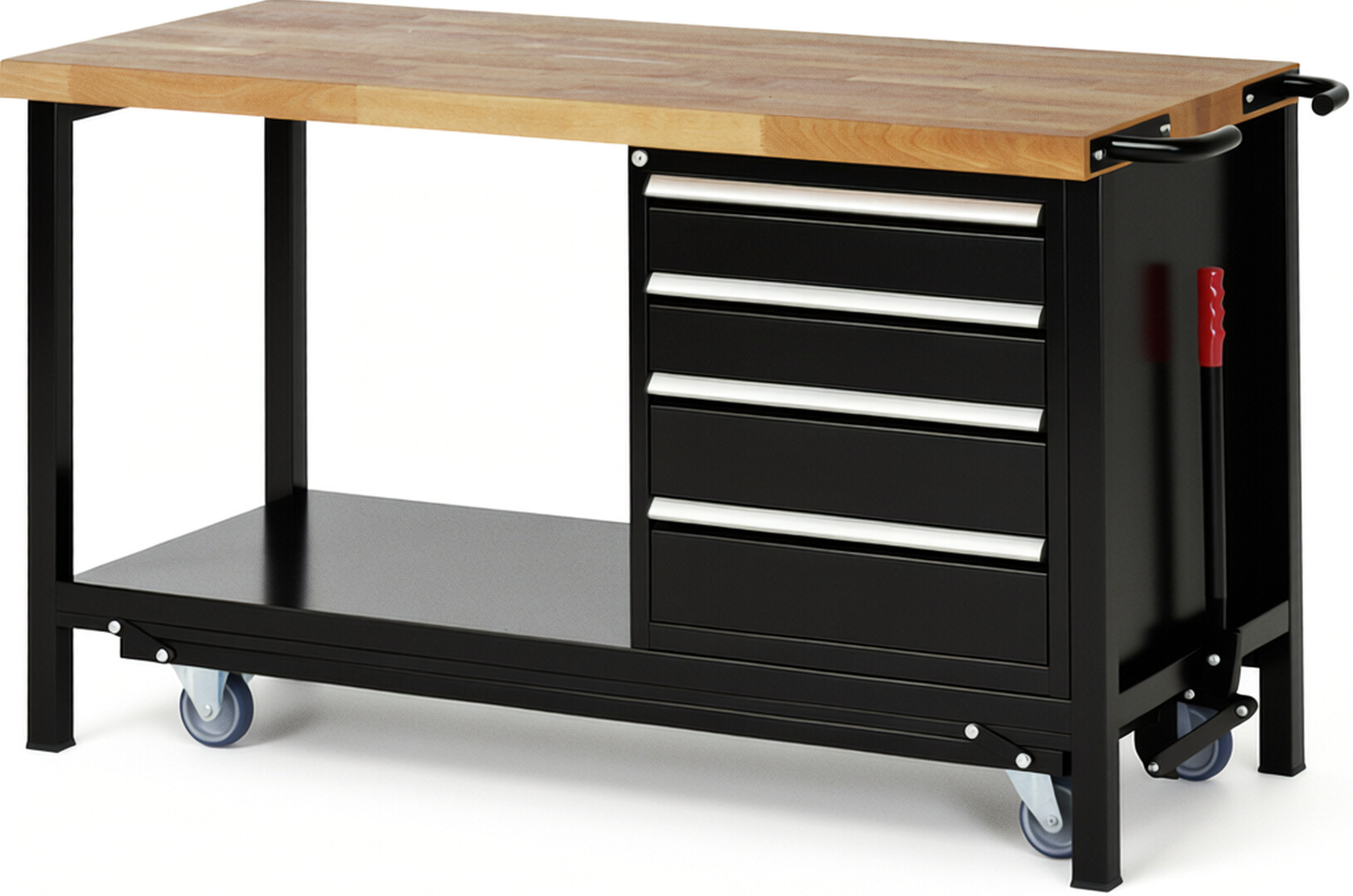 Absenkbare Werkbank Modell 8162 schwarz, BxTxH 1500x700x880 mm,  Buche-Massiv Arbeitsplatte 40 mm,  4 Schubladen mit  Auszug 90 %