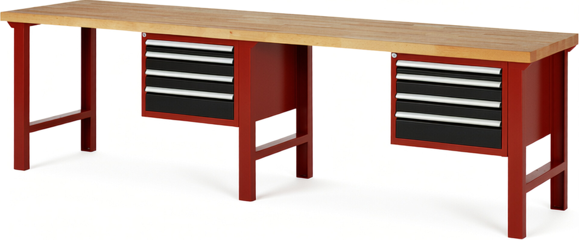 Werkbank Modell 7132 rot - schwarz, BxTxH 3000x700x840 mm,  Buche-Massiv Arbeitsplatte 40 mm,  8 Schubladen mit  Auszug 90 %