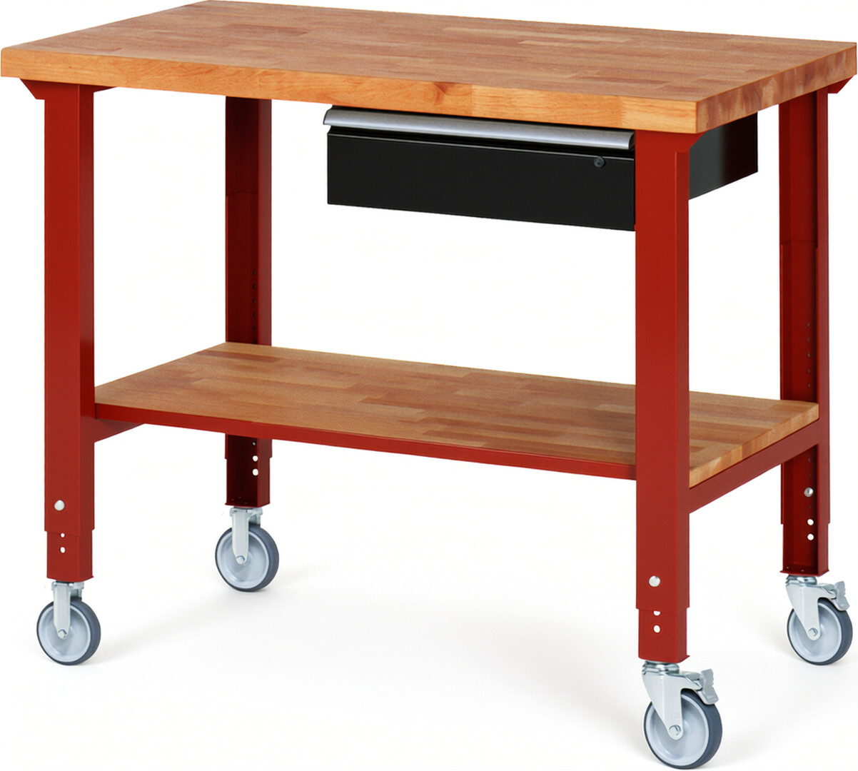 Fahrbare Werkbank Modell 7001 rot - schwarz, BxTxH 1250x700x950-1000 mm,  Buche-Massiv Arbeitsplatte 40 mm,  1 Schublade mit  Auszug 90 %