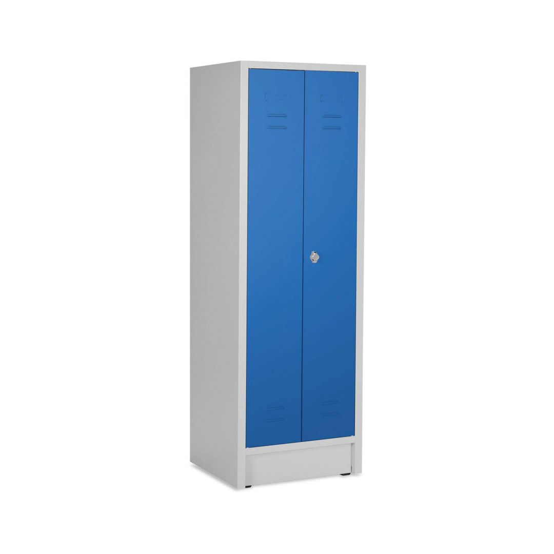 Wäschespind, 2 Abteile, Abteilbreite 30 cm, Höhe 180 cm, Breite 60 cm, RAL 7035 Lichtgrau / RAL 5010 Enzianblau, mit Sockel, Drehriegelschloss