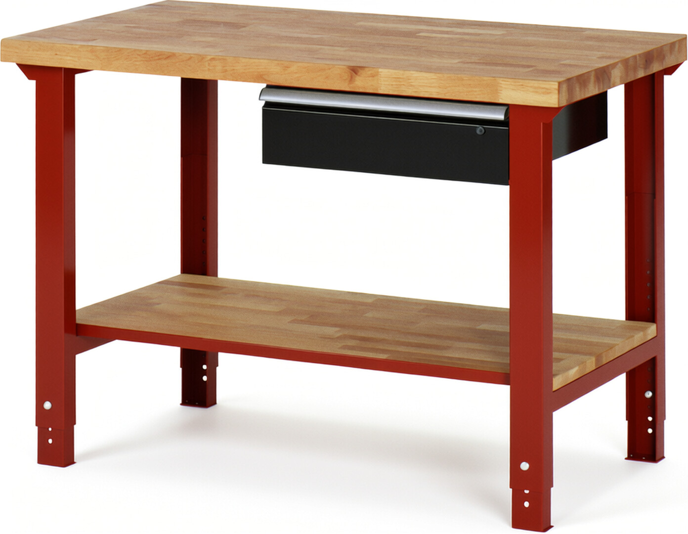 Werkbank Modell 7001 rot - schwarz, BxTxH 1250x700x790-1140 mm,  Buche-Massiv Arbeitsplatte 40 mm,  1 Schublade mit  Auszug 90 %