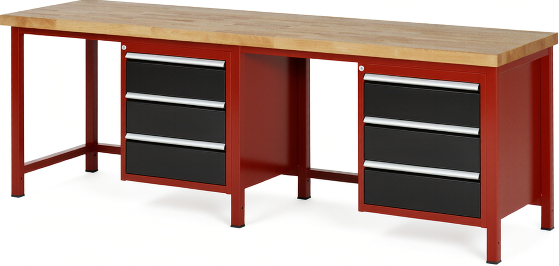 Werkbank Modell 8157 rot - schwarz, BxTxH 2500x700x840 mm,  Buche-Massiv Arbeitsplatte 40 mm,  6 Schubladen mit  Auszug 90 %