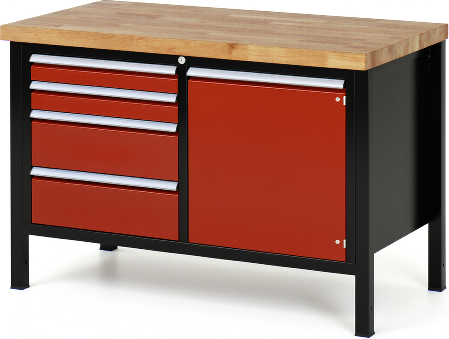 RAU Werkbank schwarz - rot - Breite 125 cm - Tiefe 70 cm - Höhe 104 cm - Buche-Massiv Arbeitsplatte 40 mm