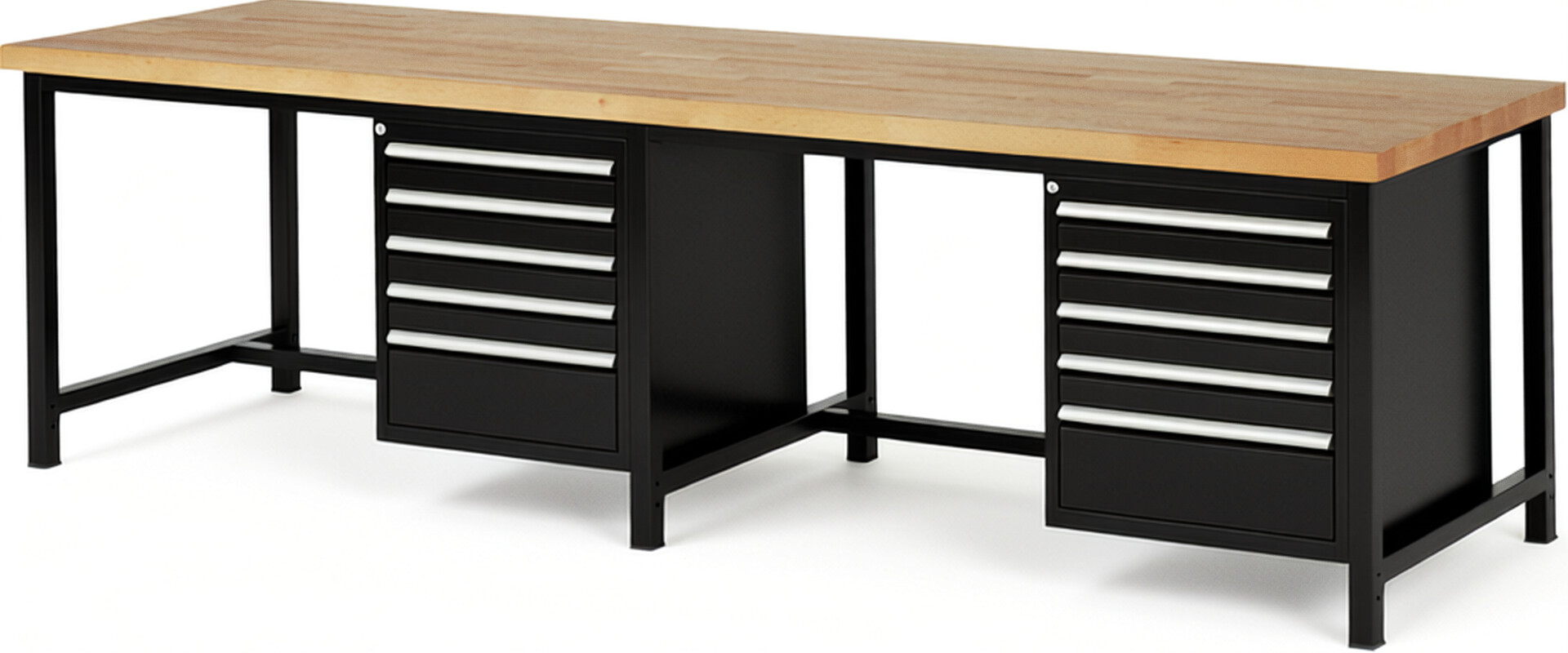 Werkbank Modell 8168 schwarz, BxTxH 3000x900x840 mm,  Buche-Massiv Arbeitsplatte 40 mm,  10 Schubladen mit  Vollauszug 100 % und  SoftClosing