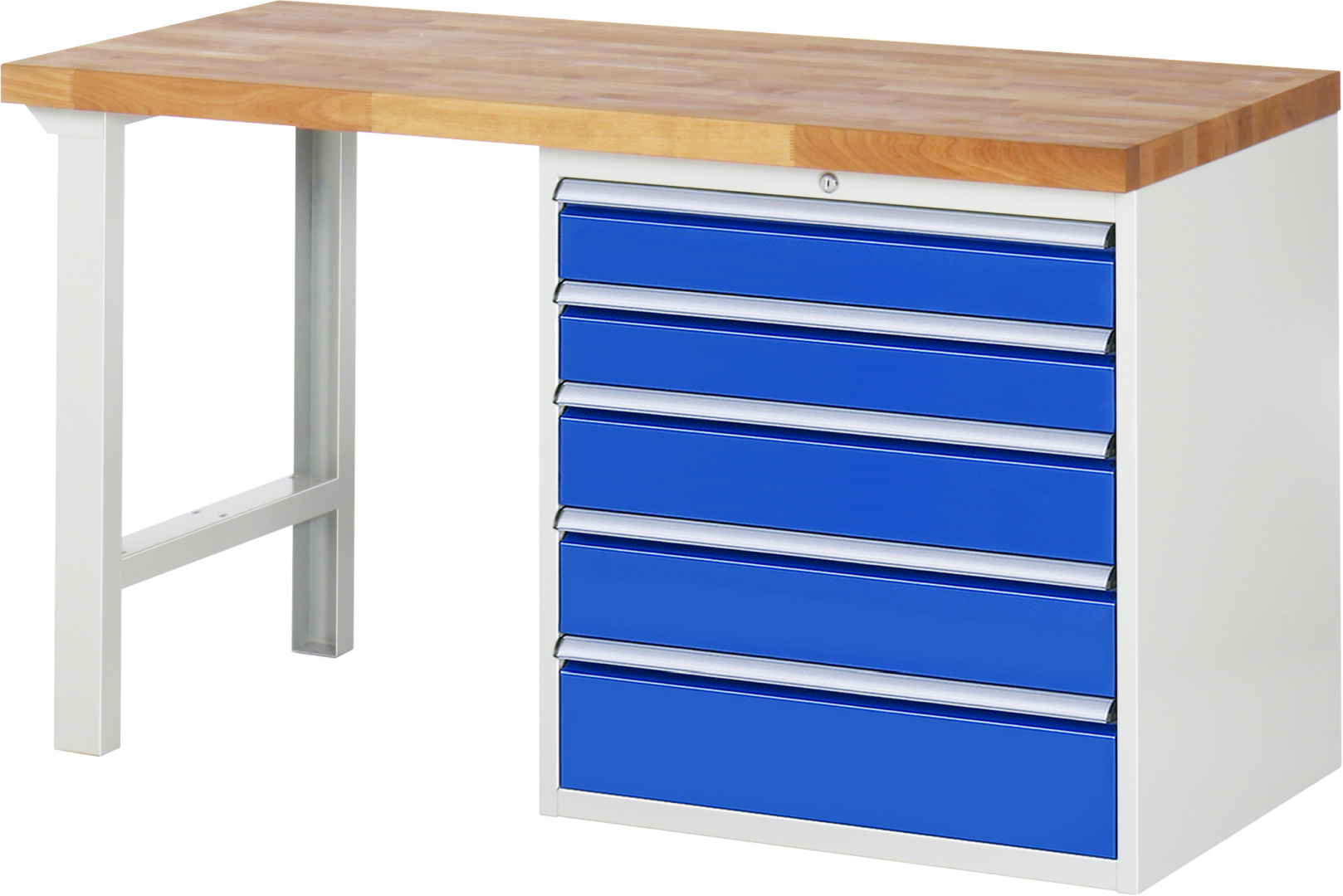 Werkbank Modell 7613 rot - schwarz, BxTxH 1500x700x890 mm,  Buche-Massiv Arbeitsplatte 40 mm,  5 Schubladen mit  Vollauszug 100 % und  SoftClosing