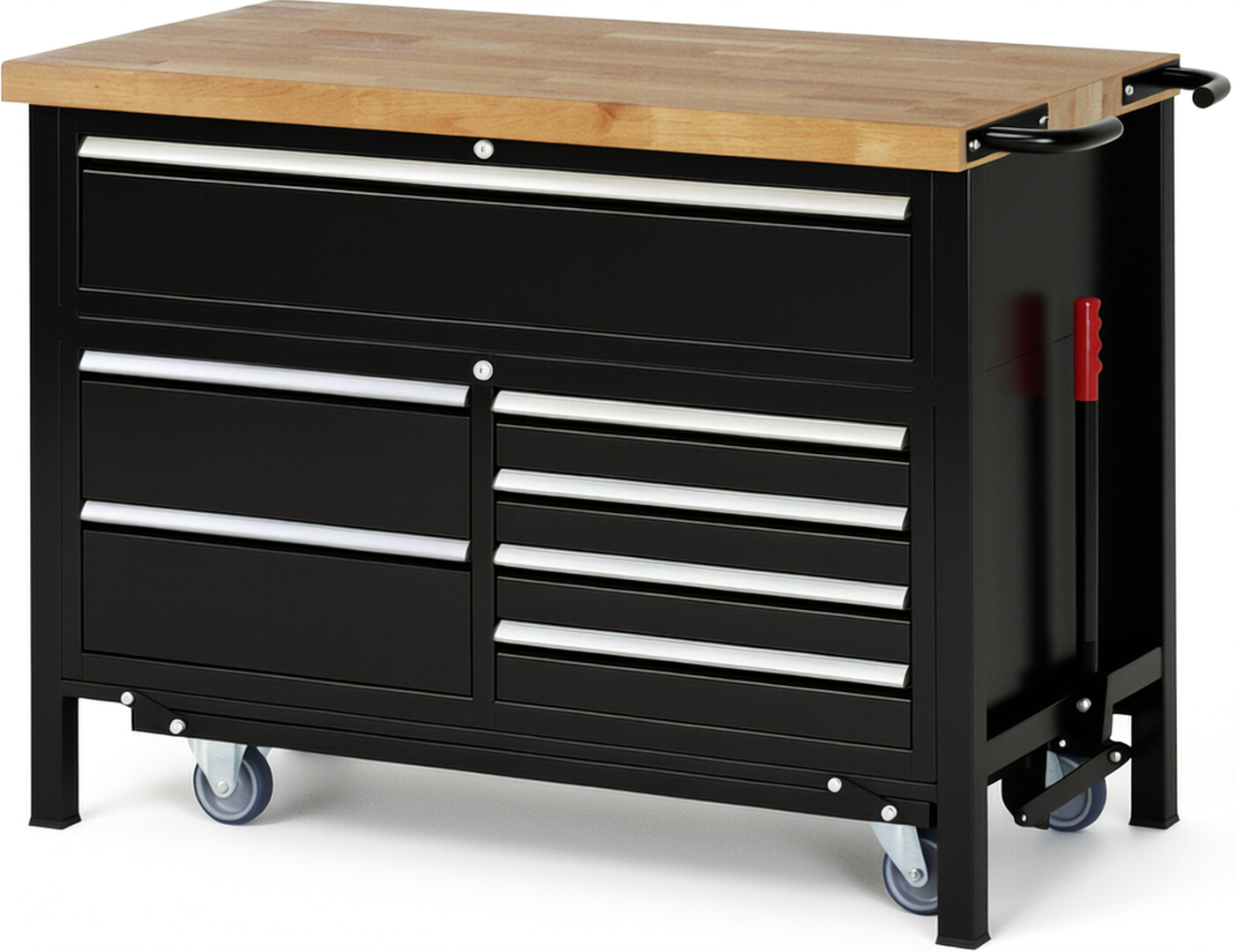 Absenkbare Werkbank Modell 8921 schwarz, BxTxH 1250x700x920 mm,  Buche-Massiv Arbeitsplatte 40 mm,  7 Schubladen mit  Vollauszug 100 % und  SoftClosing