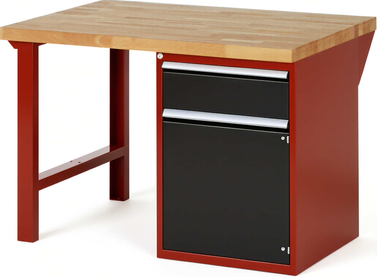 Werkbank Modell 7502 rot - schwarz, BxTxH 1250x900x840 mm,  Buche-Massiv Arbeitsplatte 40 mm,  1 Schublade mit  Vollauszug 100 % und  SoftClosing