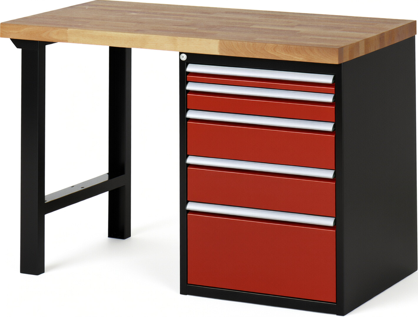 RAU Werkbank schwarz - rot - Breite 125 cm - Tiefe 70 cm - Höhe 84 cm - Buche-Massiv Arbeitsplatte 40 mm
