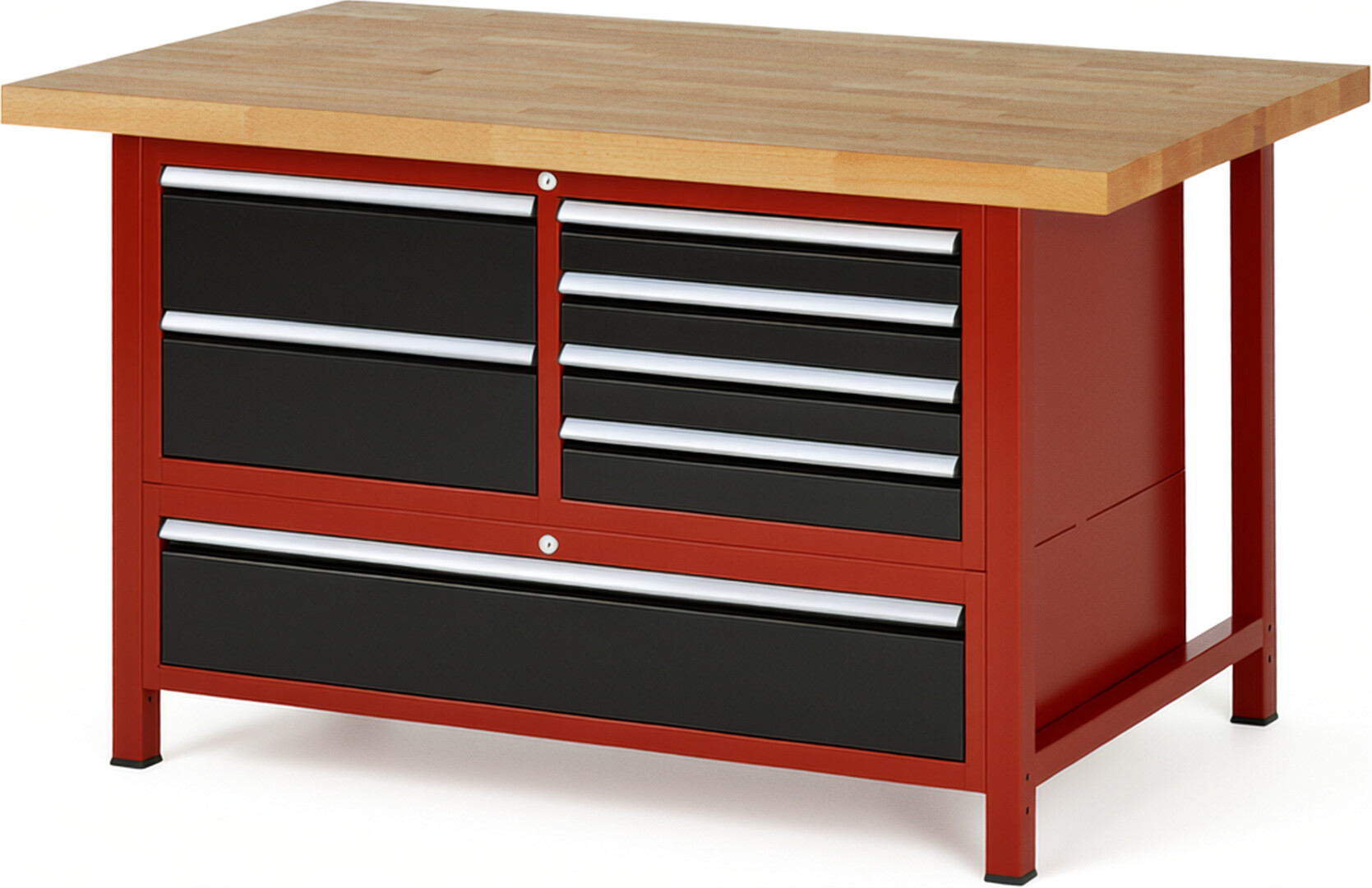 RAU Werkbank rot - schwarz - Breite 150 cm - Tiefe 90 cm - Höhe 104 cm - Buche-Massiv Arbeitsplatte 40 mm