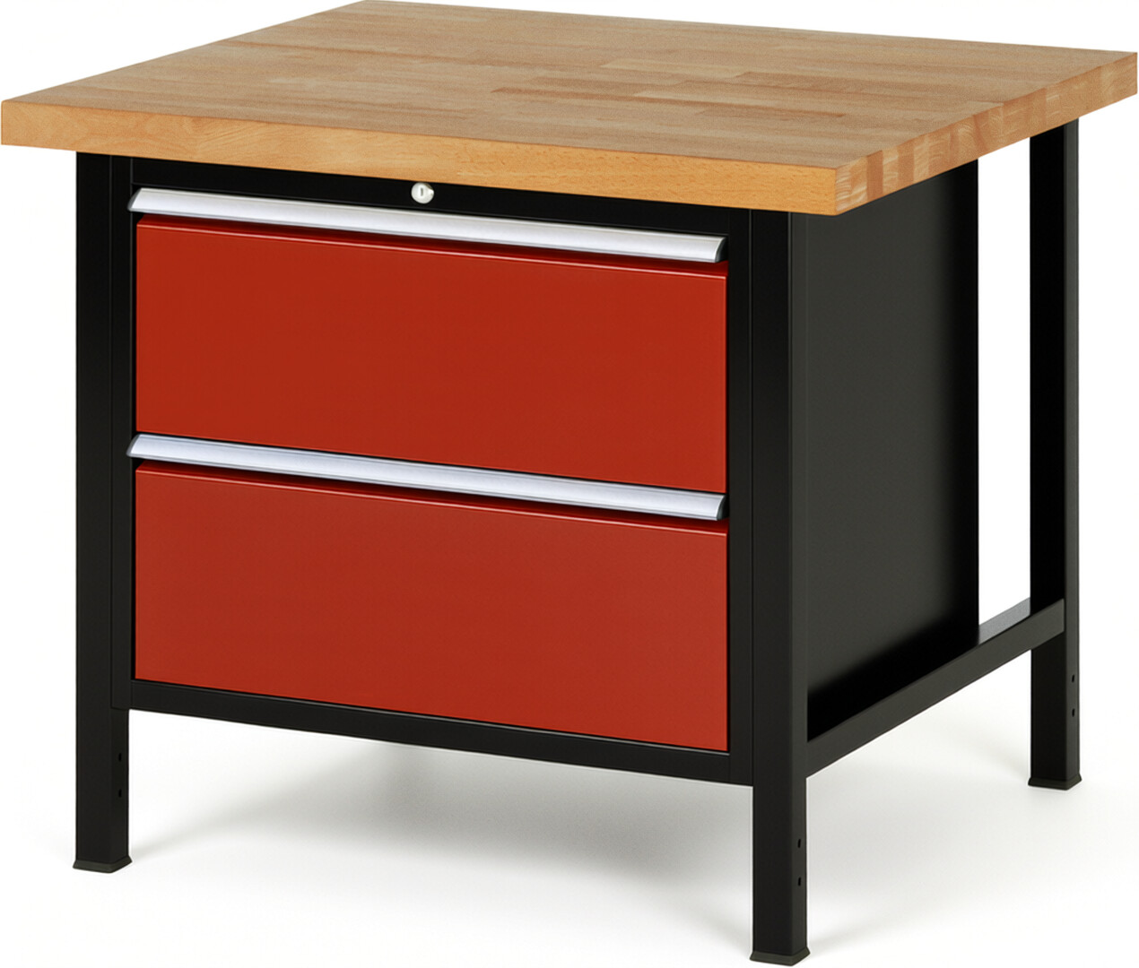 Werkbank Modell 8255 schwarz-rot, BxTxH 1000x900x840-1040 mm,  Buche-Massiv Arbeitsplatte 40 mm,  2 Schubladen mit  Auszug 90 %