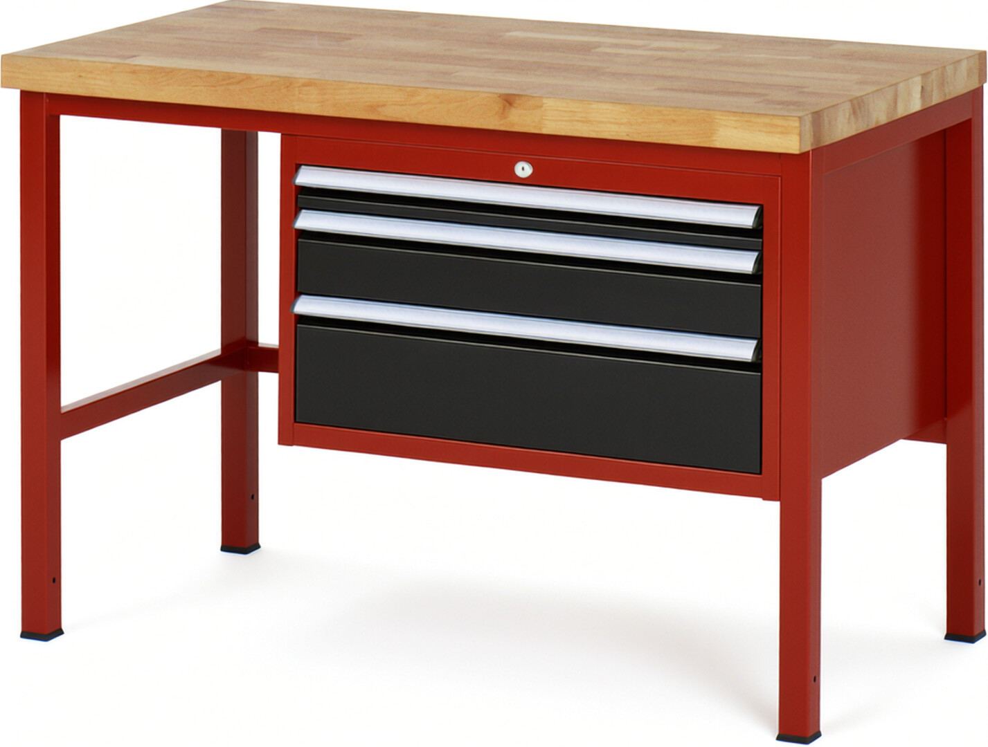 Werkbank Modell 8226 rot - schwarz, BxTxH 1250x700x840-1040 mm,  Buche-Massiv Arbeitsplatte 40 mm,  3 Schubladen mit  Vollauszug 100 % und  SoftClosing