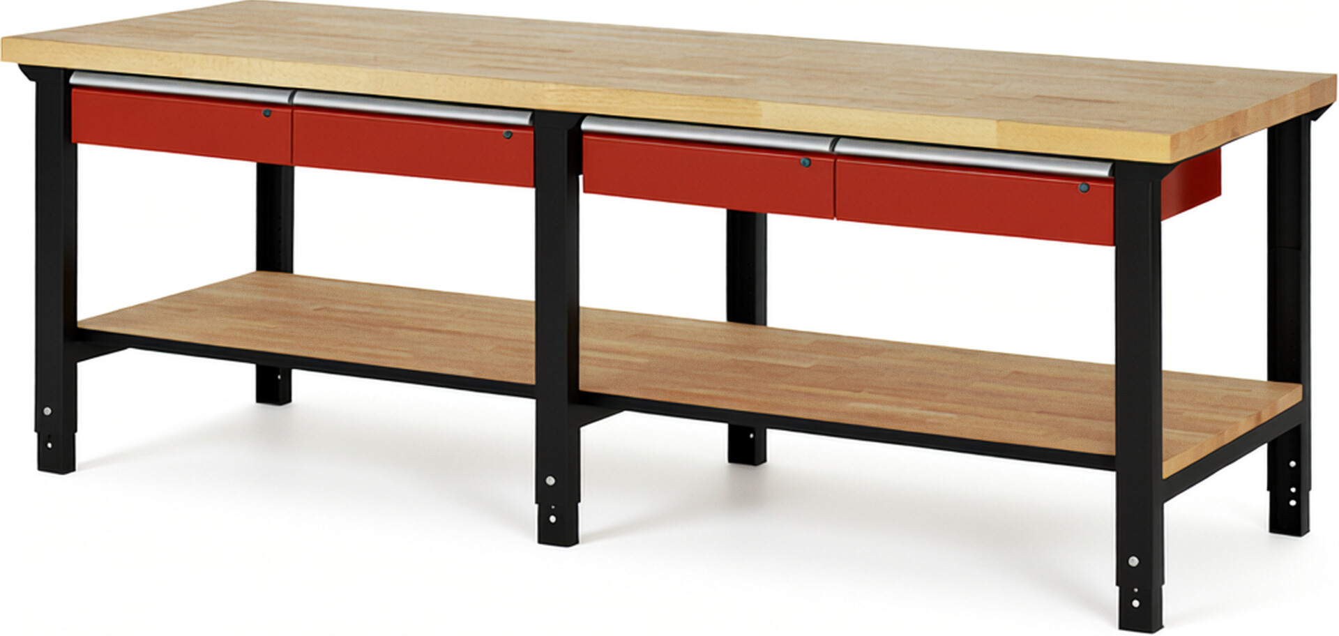 RAU Werkbank schwarz - rot - Breite 250 cm - Tiefe 90 cm - Höhe 114 cm - Buche-Massiv Arbeitsplatte 40 mm