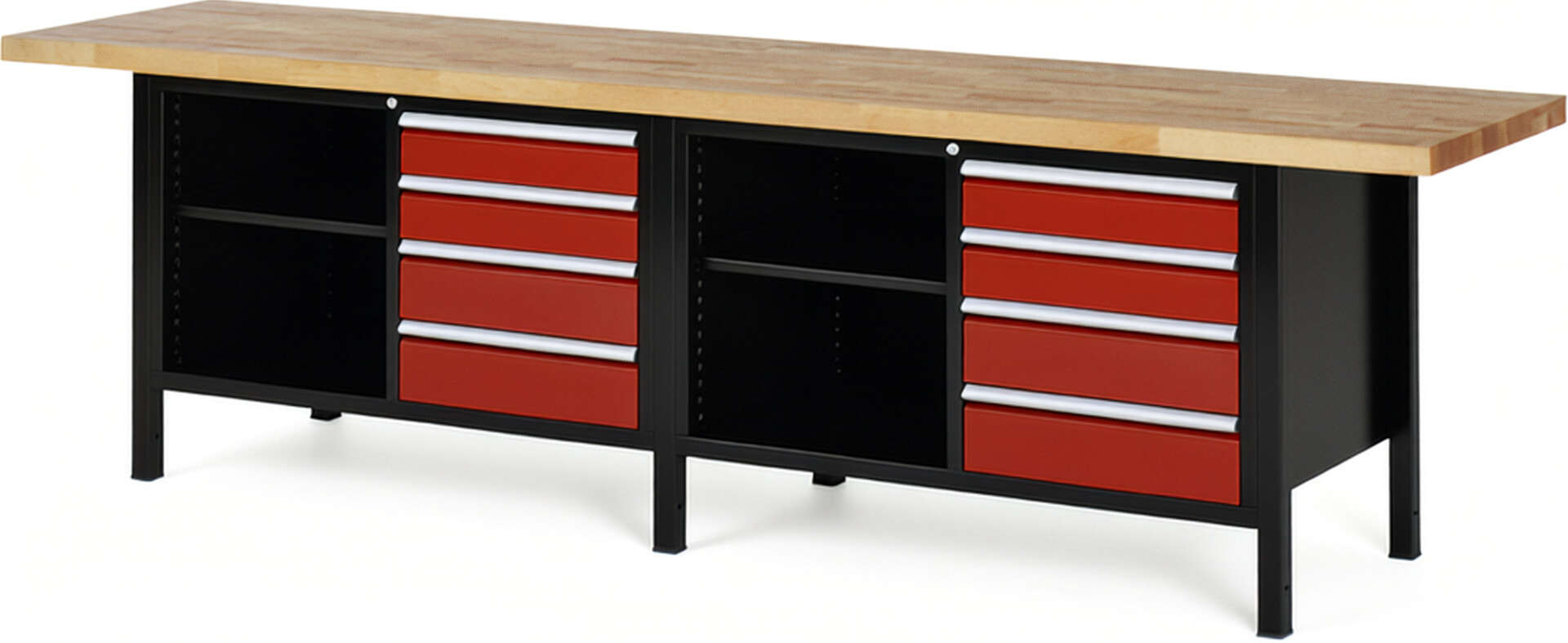 RAU Werkbank schwarz - rot - Breite 300 cm - Tiefe 70 cm - Höhe 104 cm - Buche-Massiv Arbeitsplatte 40 mm