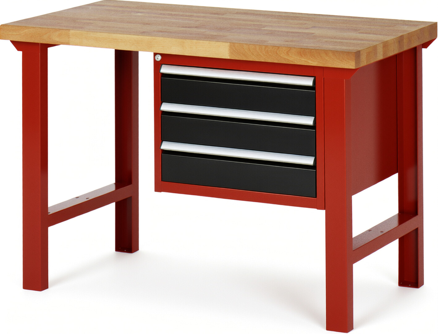 Werkbank Modell 7127 rot - schwarz, BxTxH 1250x700x840 mm,  Buche-Massiv Arbeitsplatte 40 mm,  3 Schubladen mit  Vollauszug 100 % und  SoftClosing