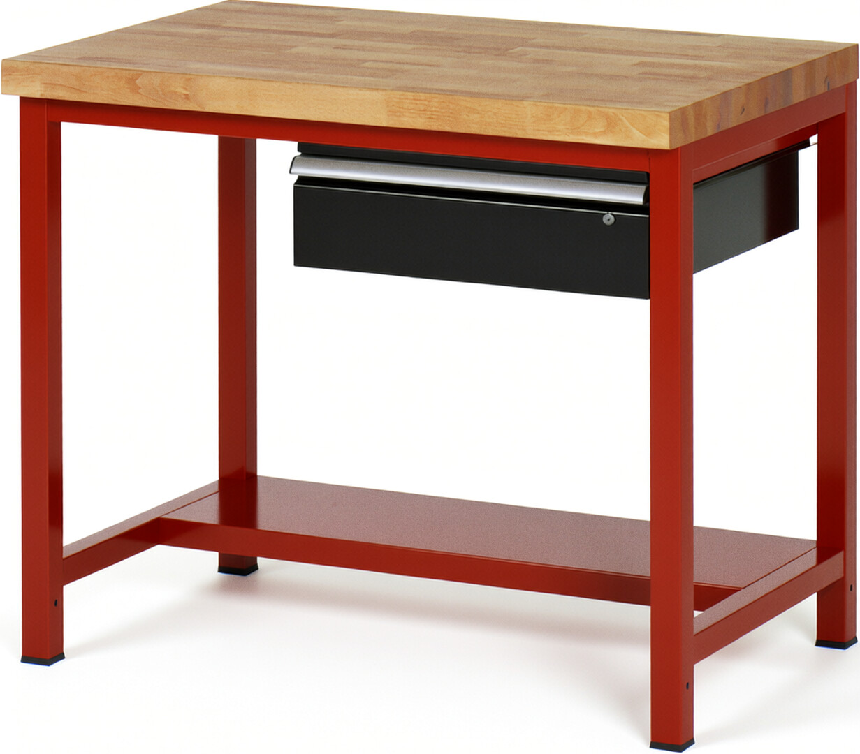 Werkbank Modell 8001 rot - schwarz, BxTxH 1000x900x840-1040 mm,  Buche-Massiv Arbeitsplatte 40 mm,  1 Schublade mit  Auszug 90 %