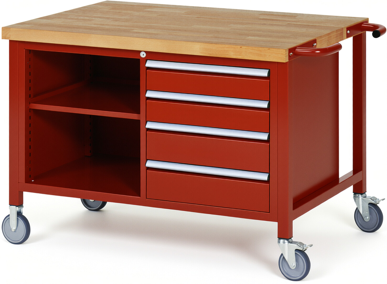 Fahrbare Werkbank Modell 8463 rot, BxTxH 1250x900x880 mm,  Buche-Massiv Arbeitsplatte 40 mm,  4 Schubladen mit  Auszug 90 %