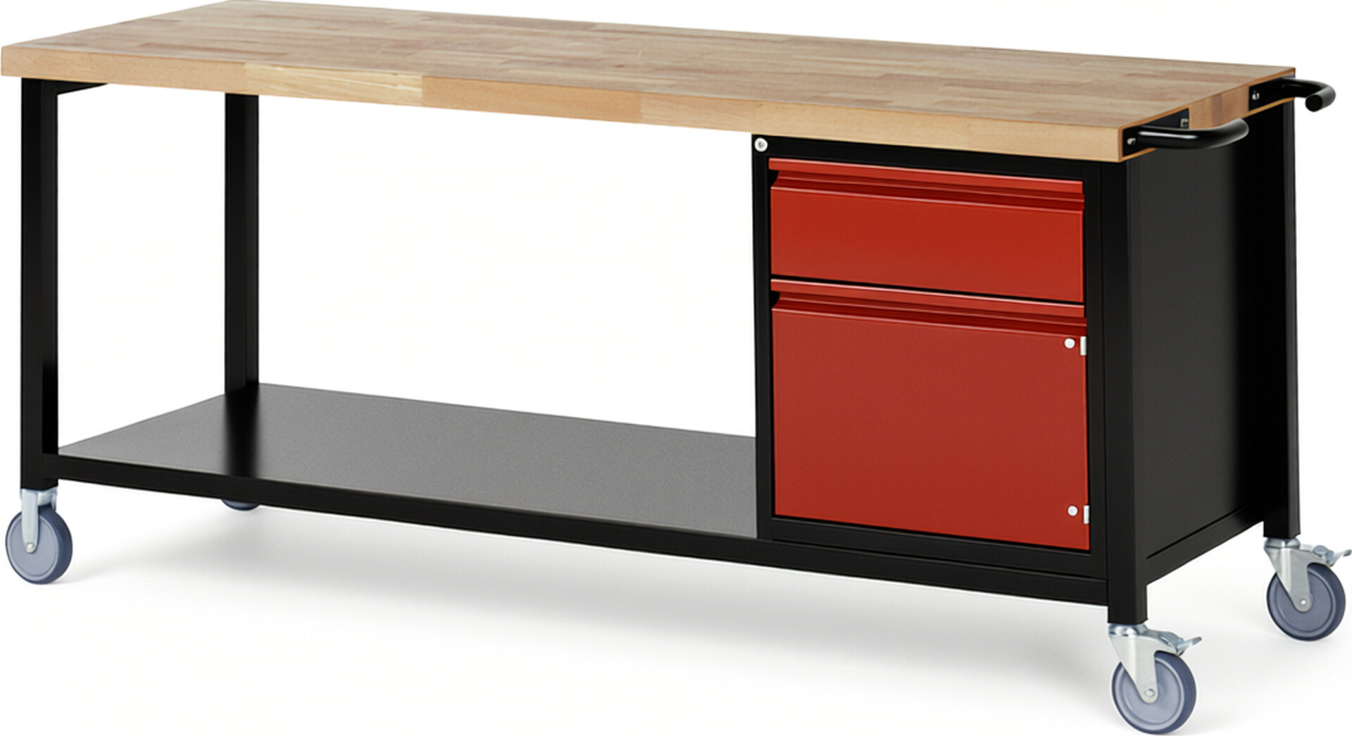 RAU Werkbank schwarz - rot - Breite 200 cm - Tiefe 70 cm - Höhe 88 cm - Buche-Massiv Arbeitsplatte 40 mm