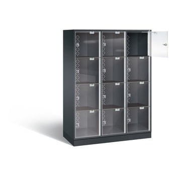 Fächerschrank mit Türen aus Acrylglas, Breite 122 cm, Höhe 175 cm, Tiefe 50 cm, 3x4 Fächer