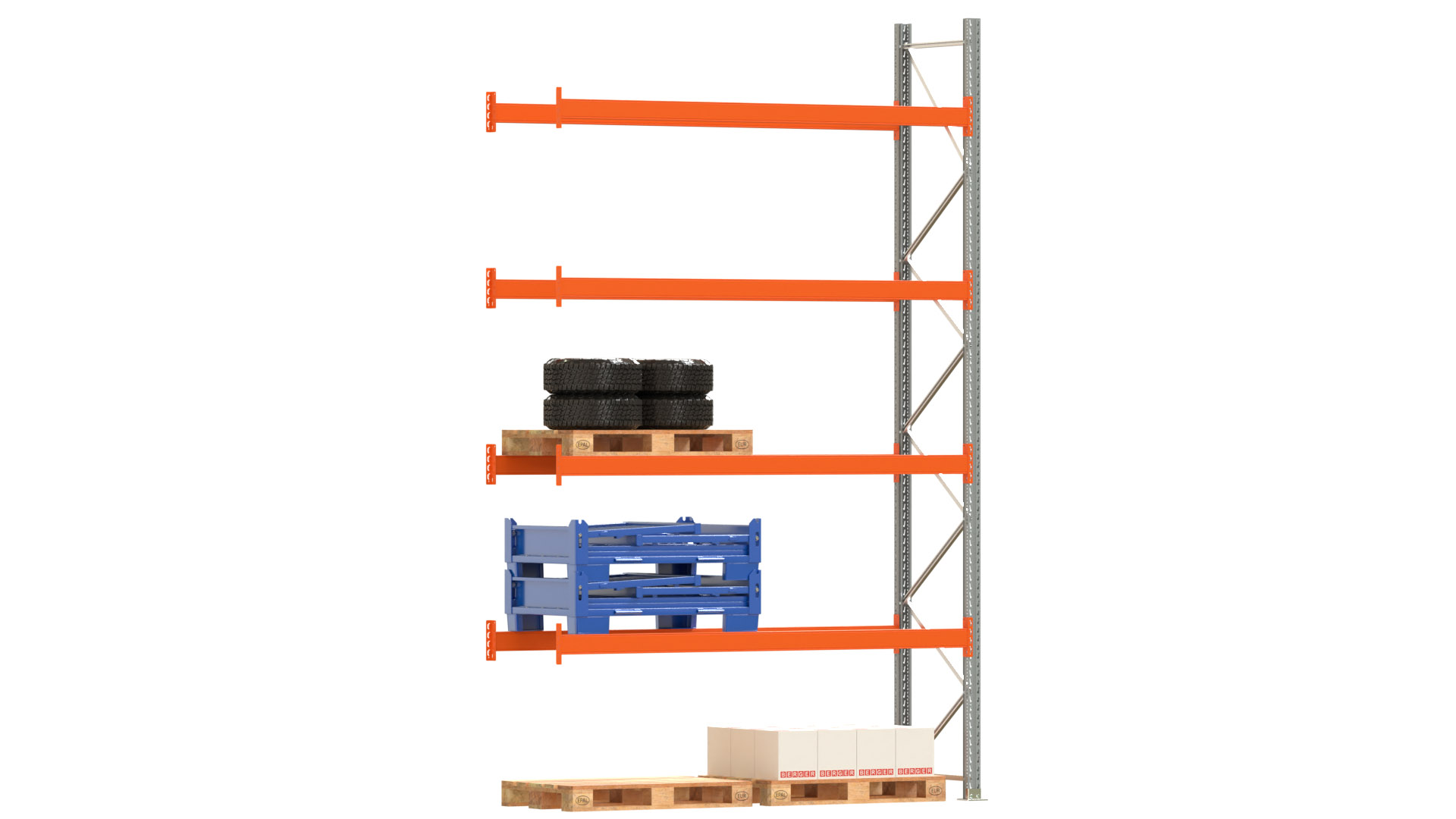 Palettenregal ARTUS - Anbaufeld - Breite 278,5 cm - Höhe 450 cm - Tiefe 80 cm - 4 Träger Ebenen