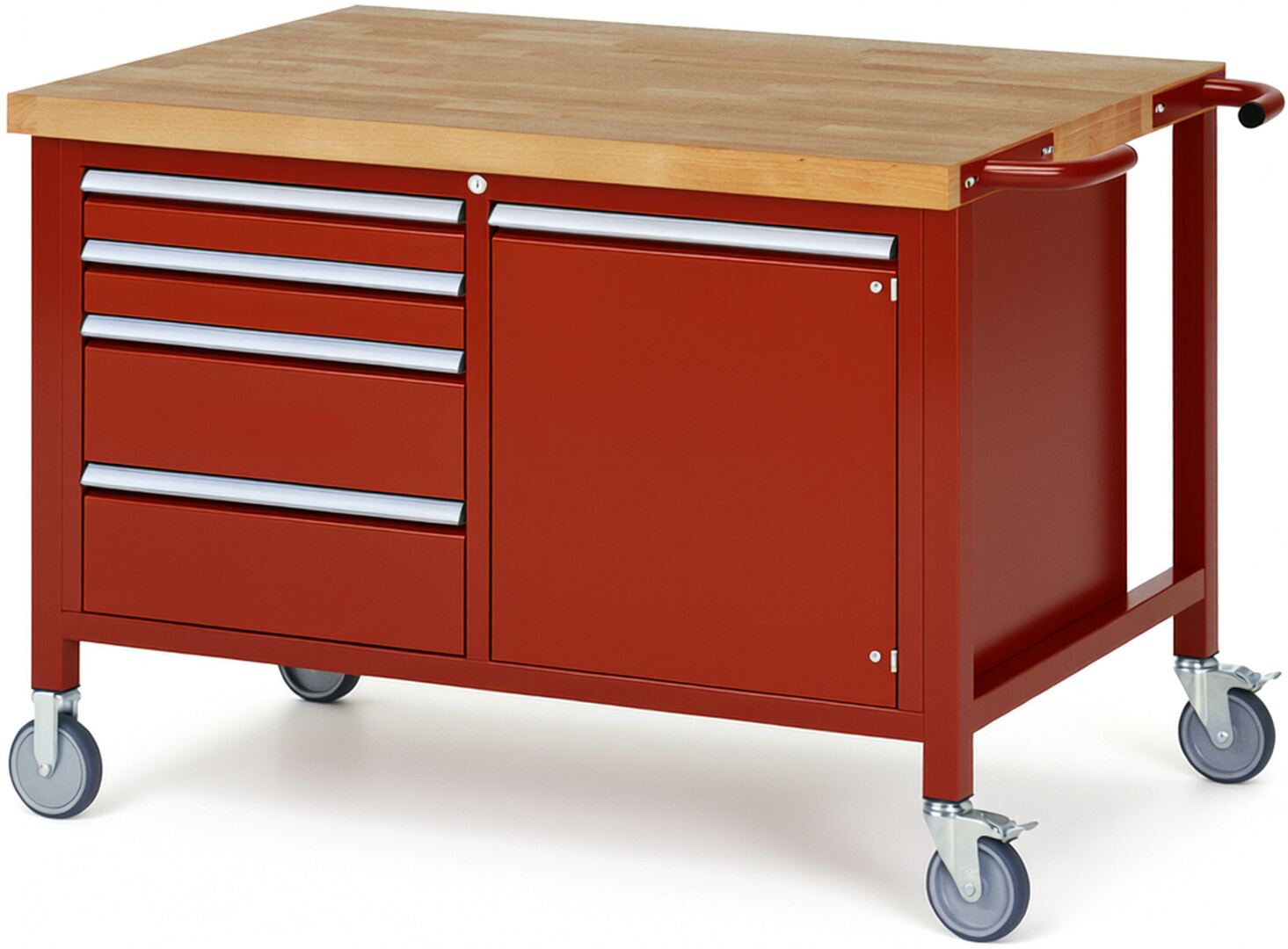 Fahrbare Werkbank Modell 8470 rot, BxTxH 1250x900x880 mm,  Buche-Massiv Arbeitsplatte 40 mm,  4 Schubladen mit  Vollauszug 100 % und  SoftClosing