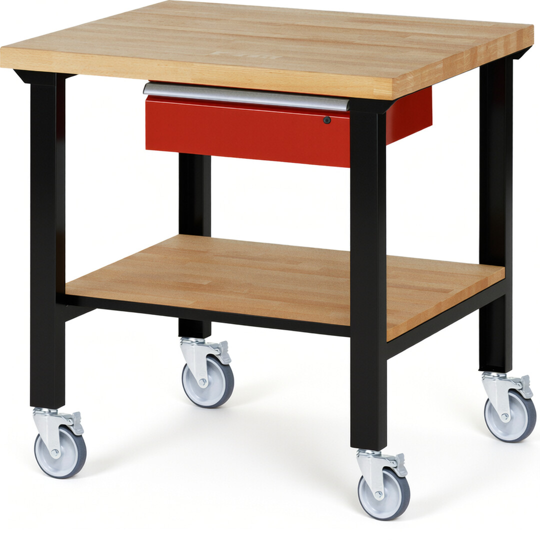 Fahrbare Werkbank Modell 7001 schwarz-rot, BxTxH 1000x900x1000 mm,  Buche-Massiv Arbeitsplatte 40 mm,  1 Schublade mit  Auszug 90 %