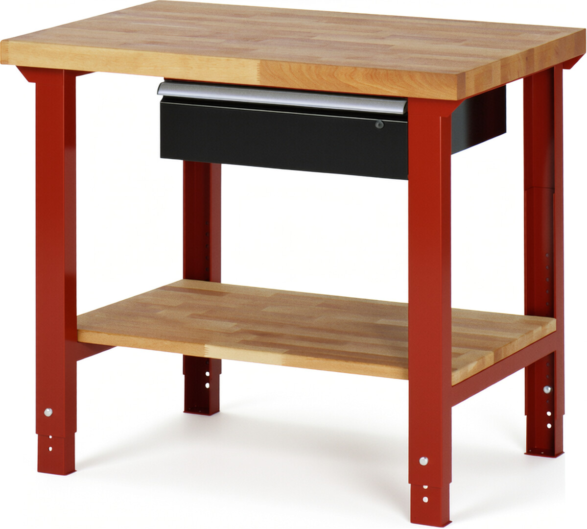 Werkbank Modell 7001 rot - schwarz, BxTxH 1000x700x790-1140 mm,  Buche-Massiv Arbeitsplatte 40 mm,  1 Schublade mit  Auszug 90 %