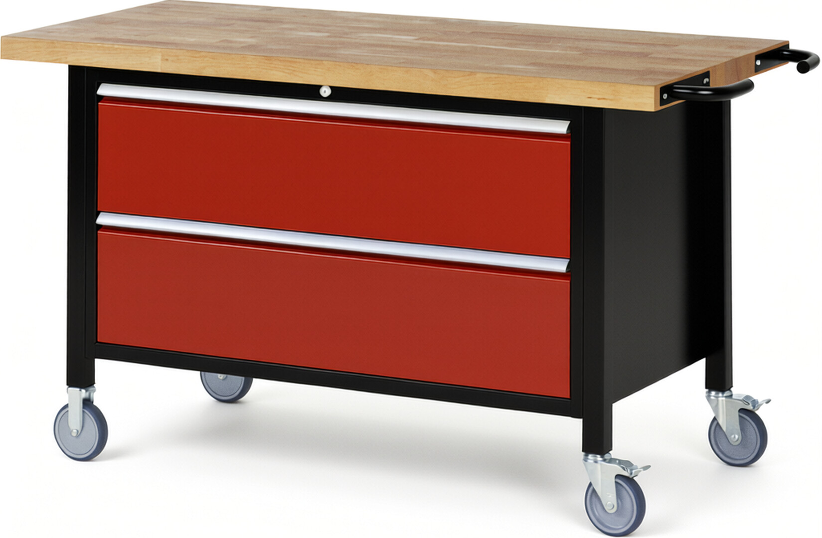 RAU Werkbank schwarz - rot - Breite 150 cm - Tiefe 70 cm - Höhe 108 cm - Buche-Massiv Arbeitsplatte 40 mm