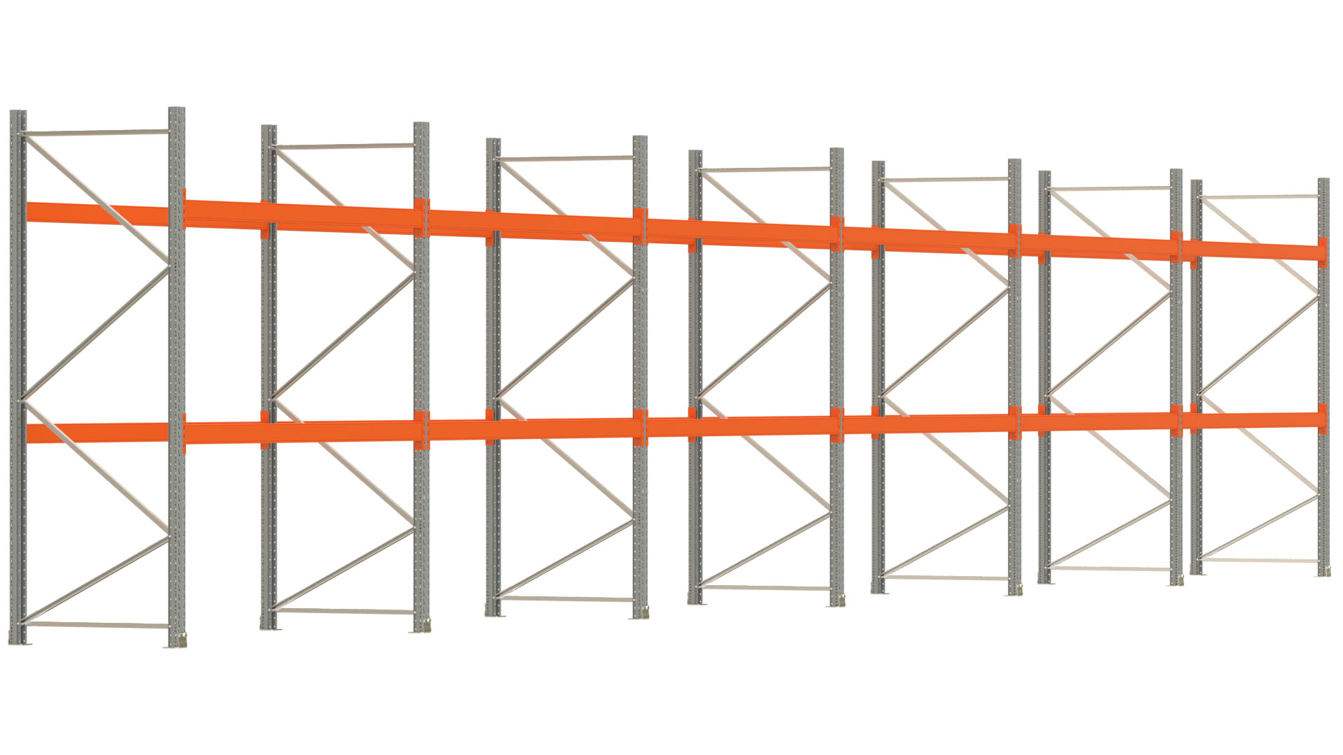 Palettenregal ARTUS - Breite 1679,5 cm - Höhe 300 cm - Tiefe 110 cm - 2 Träger-Ebenen - max. Fachlast 2100 kg - 54 Palettenstellplätze