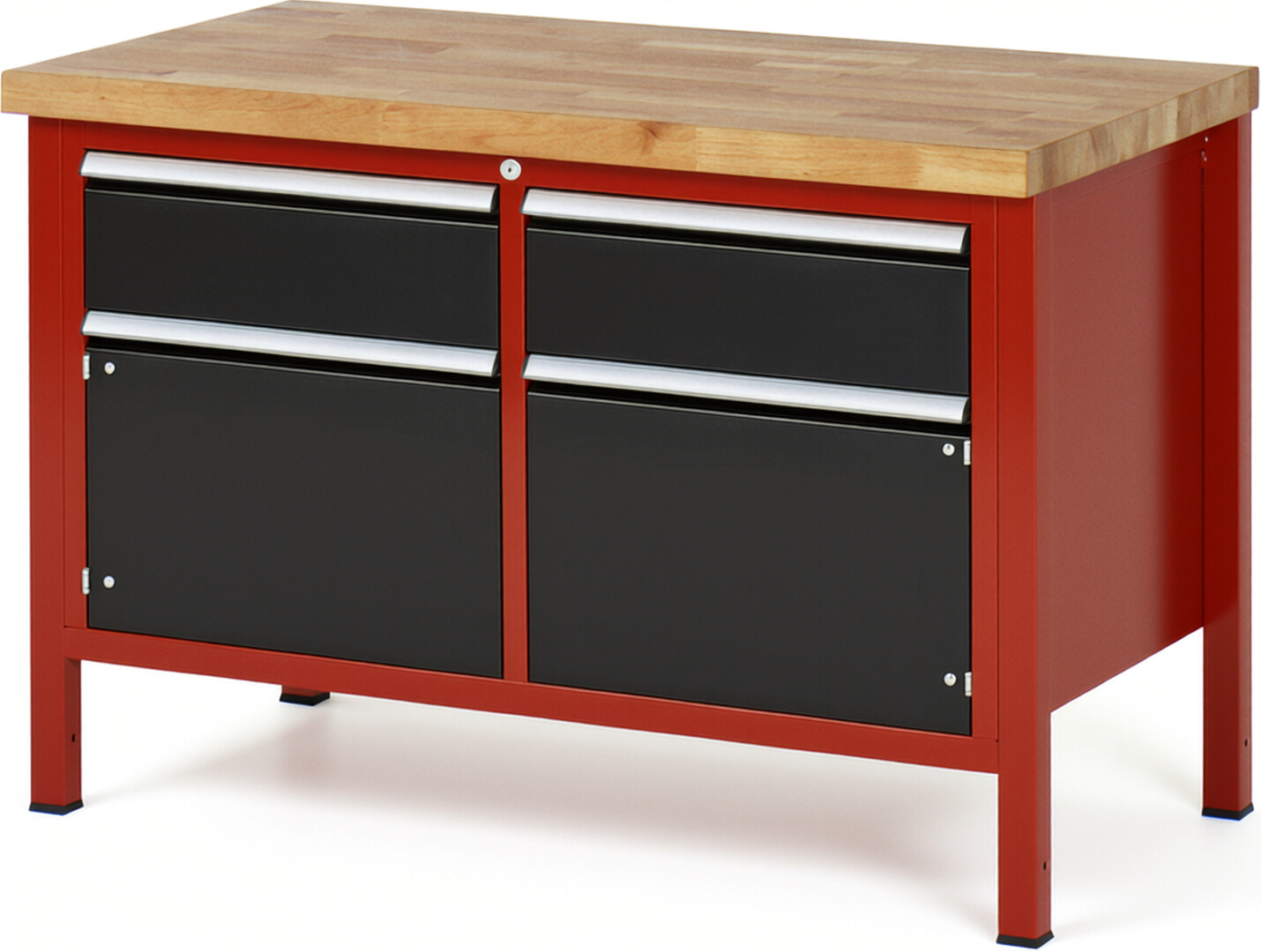 Werkbank Modell 8466 rot - schwarz, BxTxH 1250x700x840 mm,  Buche-Massiv Arbeitsplatte 40 mm,  2 Schubladen mit  Vollauszug 100 % und  SoftClosing