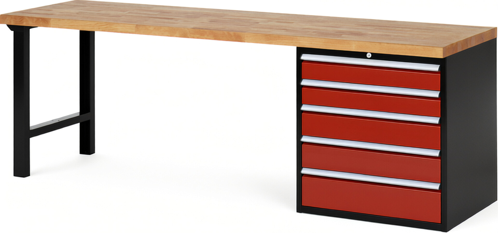 RAU Werkbank schwarz - rot - Breite 250 cm - Tiefe 70 cm - Höhe 89 cm - Buche-Massiv Arbeitsplatte 40 mm