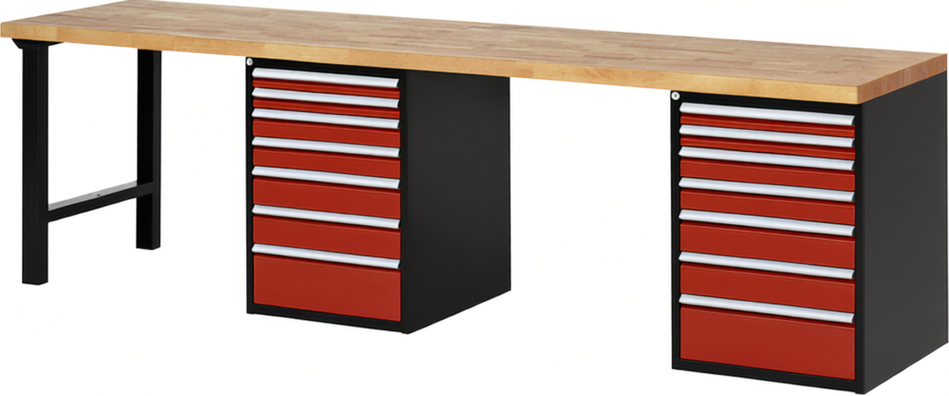 Werkbank Modell 7517 schwarz-rot, BxTxH 3000x700x840 mm,  Buche-Massiv Arbeitsplatte 40 mm,  14 Schubladen mit  Vollauszug 100 % und  SoftClosing